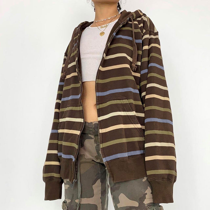 Chic Striped Loose Hooded Sweater for Women