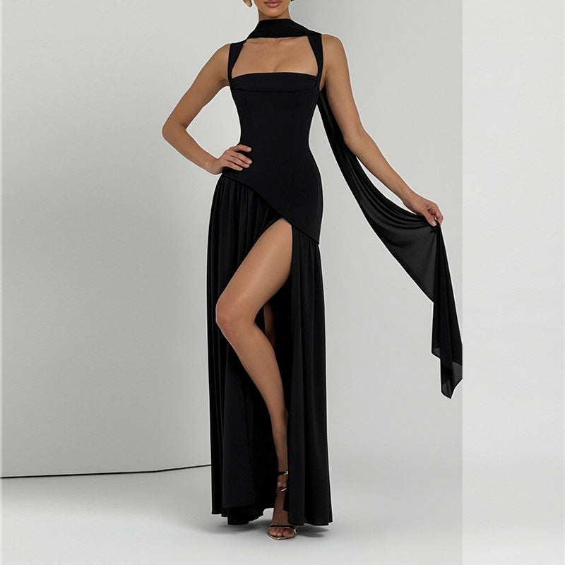 Elegant French Slit Midi Dress - Slim Fit Summer Style
