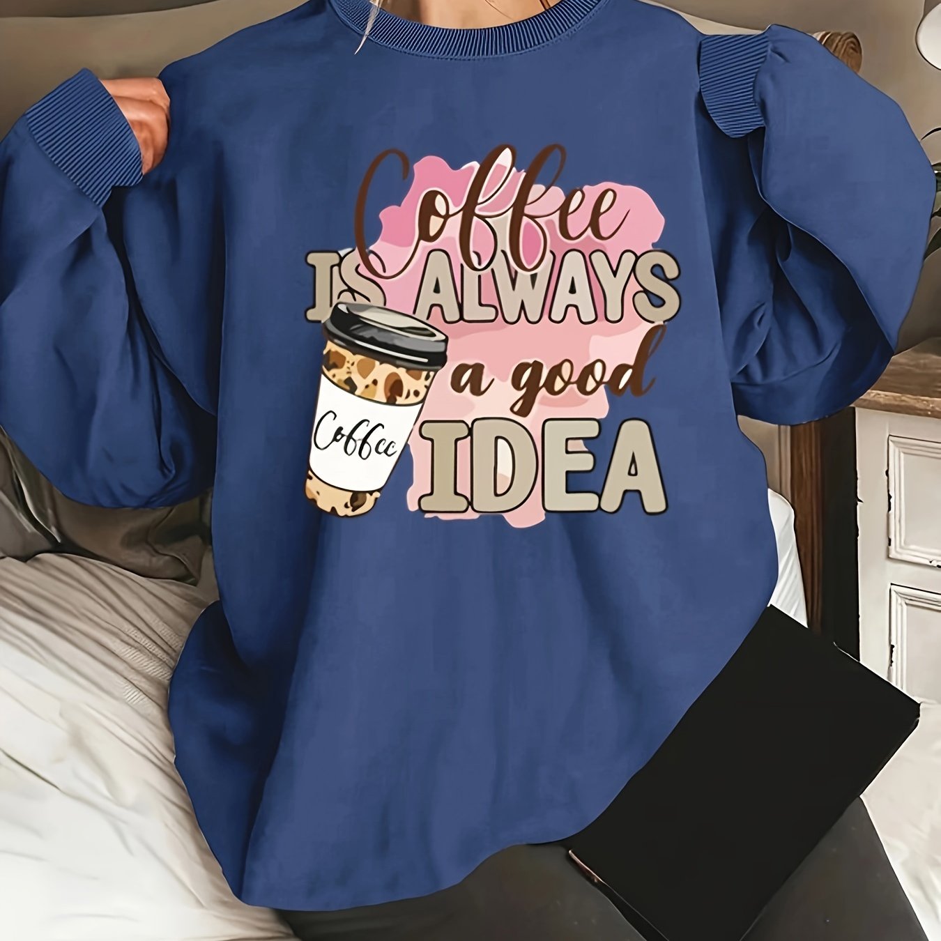 Plus Size Women's Coffee Cup Print Round Neck Sweatshirt