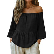 Elegant Off-Shoulder Linen Long Sleeve Top – Summer Casual Tee