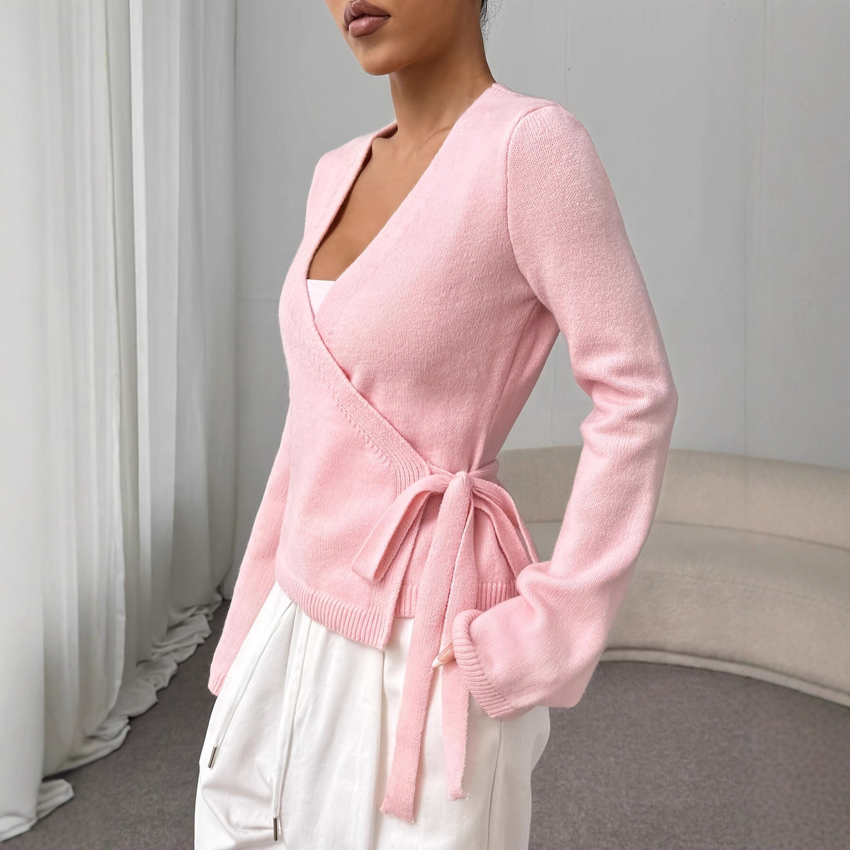 Women's Elegant Lace-up Long Sleeve Knitted Top