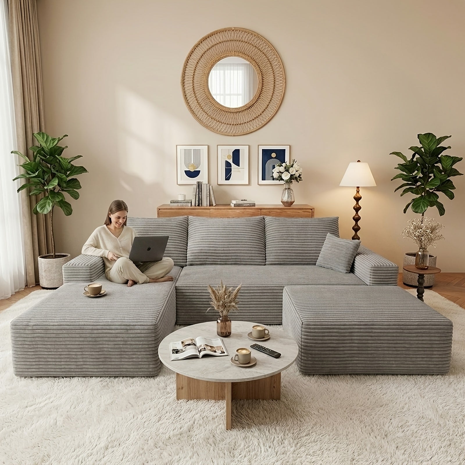 Modular L-shaped chaise longue sofa bed with deep seat and corduroy upholstery