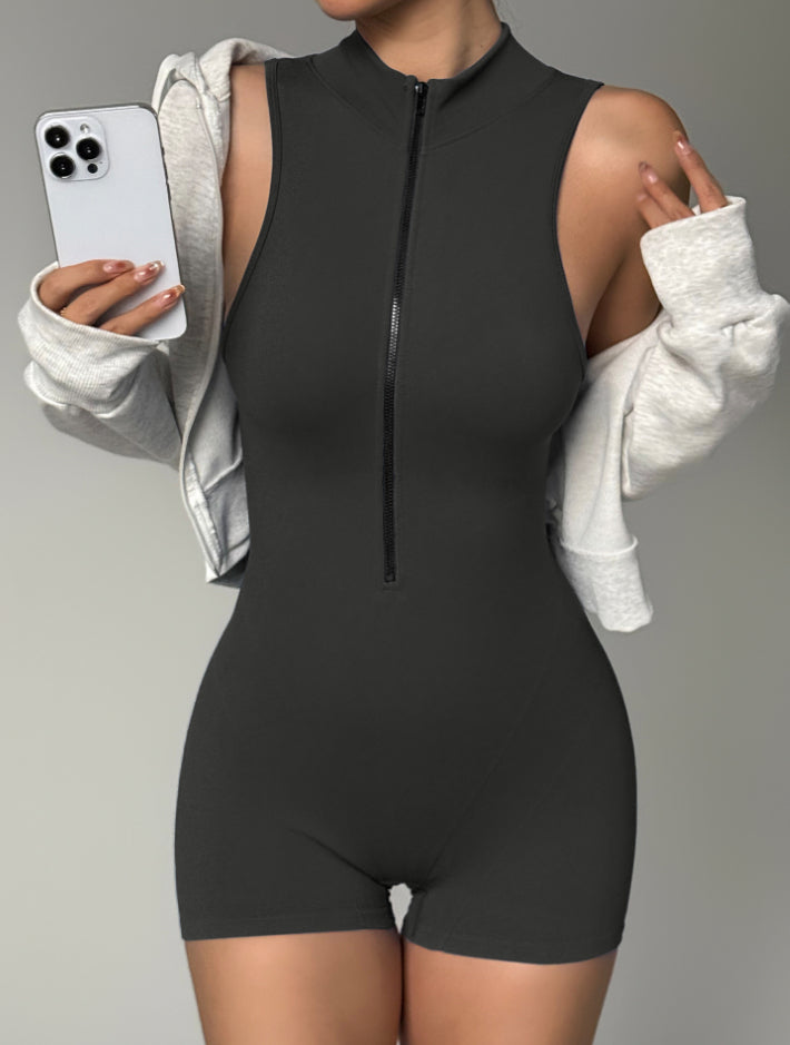 Sleeveless Zip Stand Collar One-Piece Romper