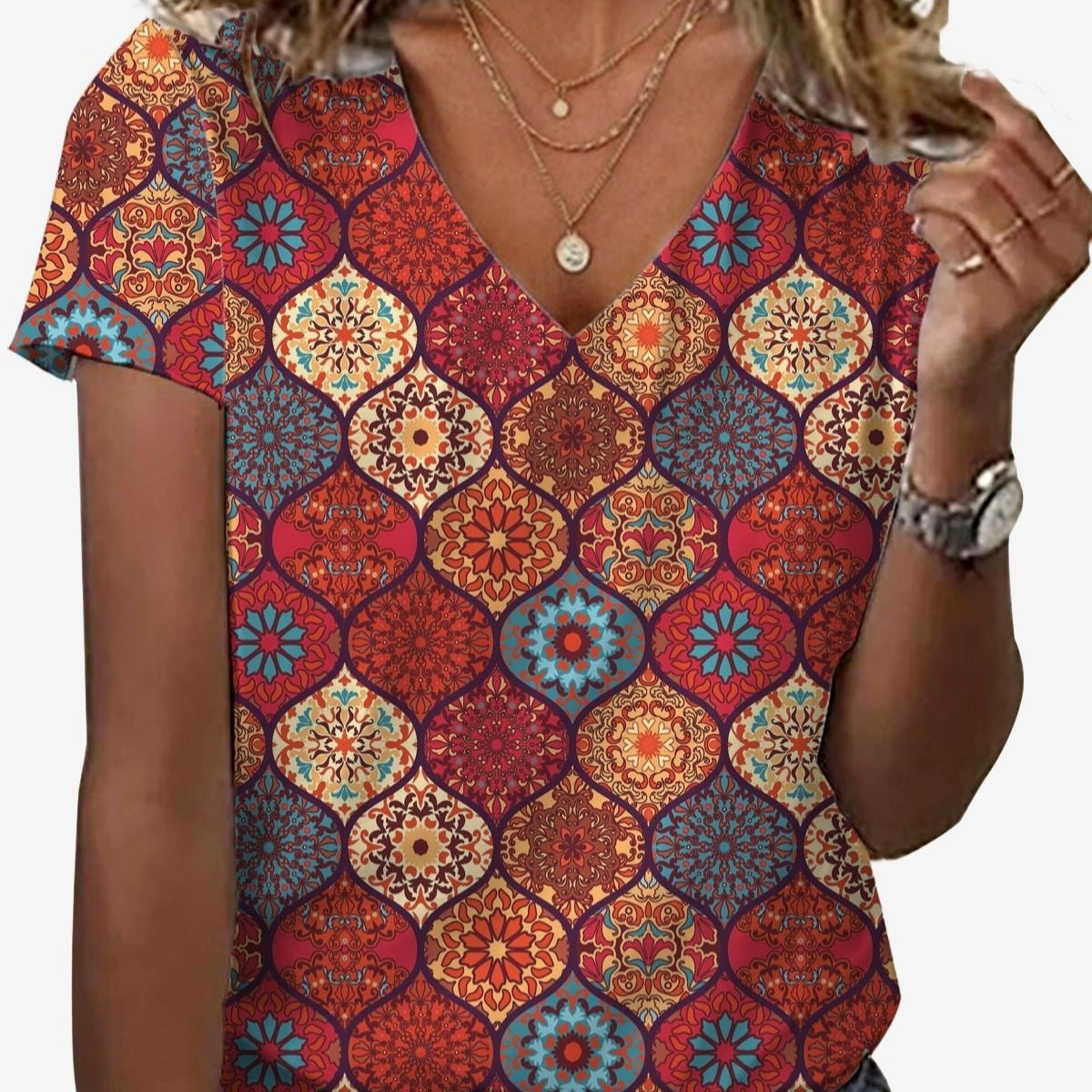 V-neck Short-sleeve 3D Digital-print Loose T-shirt Top
