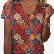 V-neck Short-sleeve 3D Digital-print Loose T-shirt Top