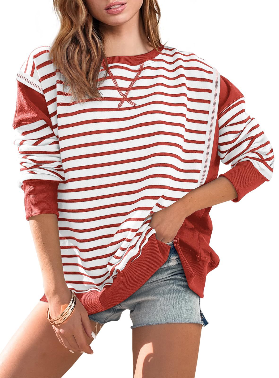Colorblock Striped Long Sleeve Casual Pullover Sweatshirt