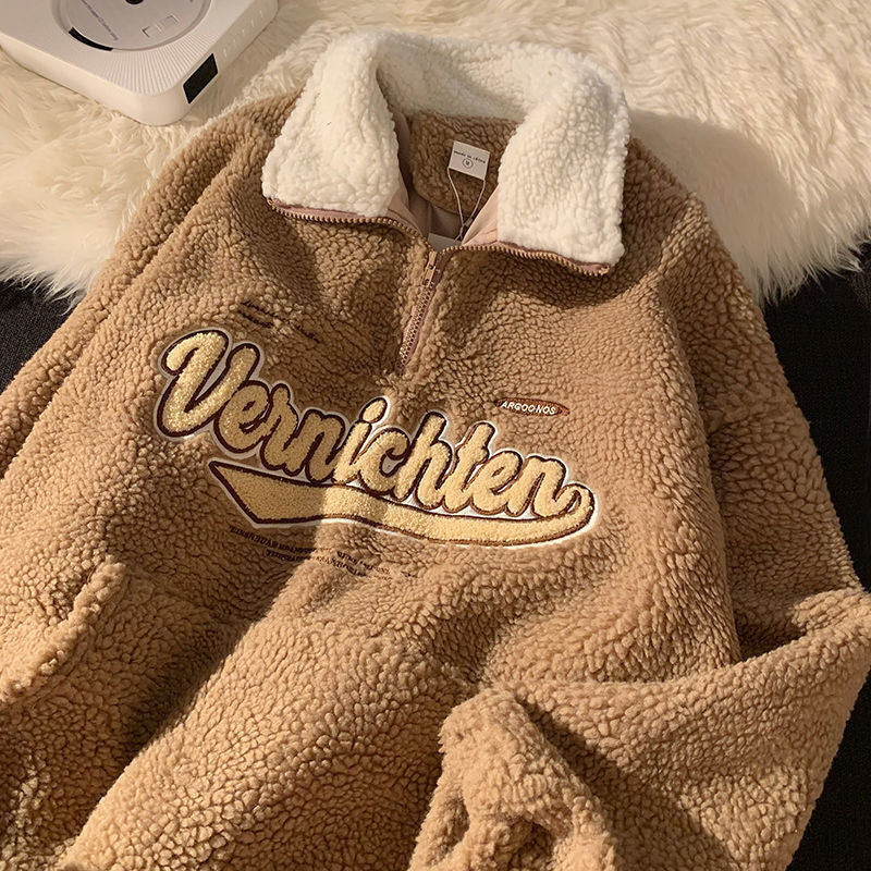 Cozy Retro Half-Zip Lambswool Hoodie with Embroidery