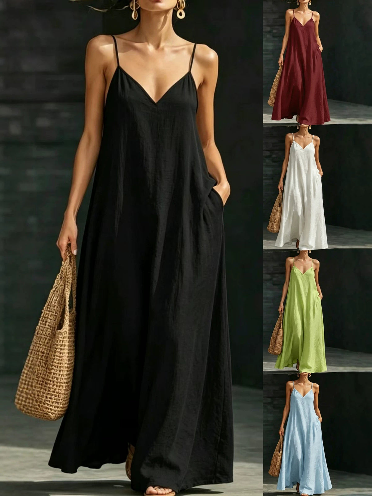 Summer V-neck Spaghetti Strap Flowy Maxi Dress - Casual Fashion Solid Color Long Dress for Women Vaction Dress