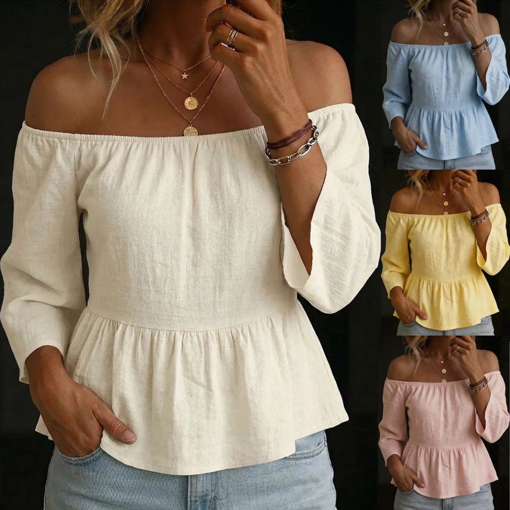 Elegant Solid-color Off-shoulder Cotton-linen Casual Top With Three-quarter Sleeves