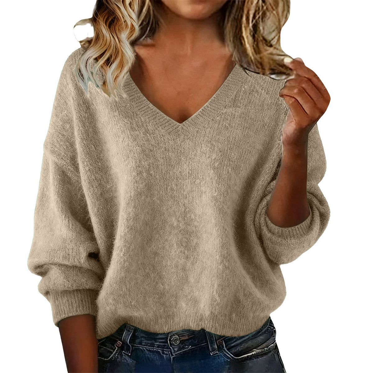 Women's New Autumn & Winter Solid Color V-neck Long Sleeve Knit Sweater, Loose Casual Tops