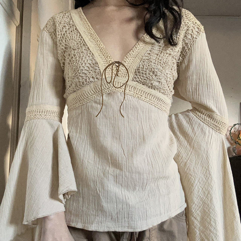 Ethnic Style Retro Plaid V-neck Lace-up Mesh Flared Long Sleeve Shirt