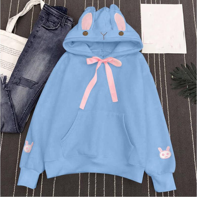 Cute Bunny Ear Embroidered Pocket Fleece Hoodie for Women