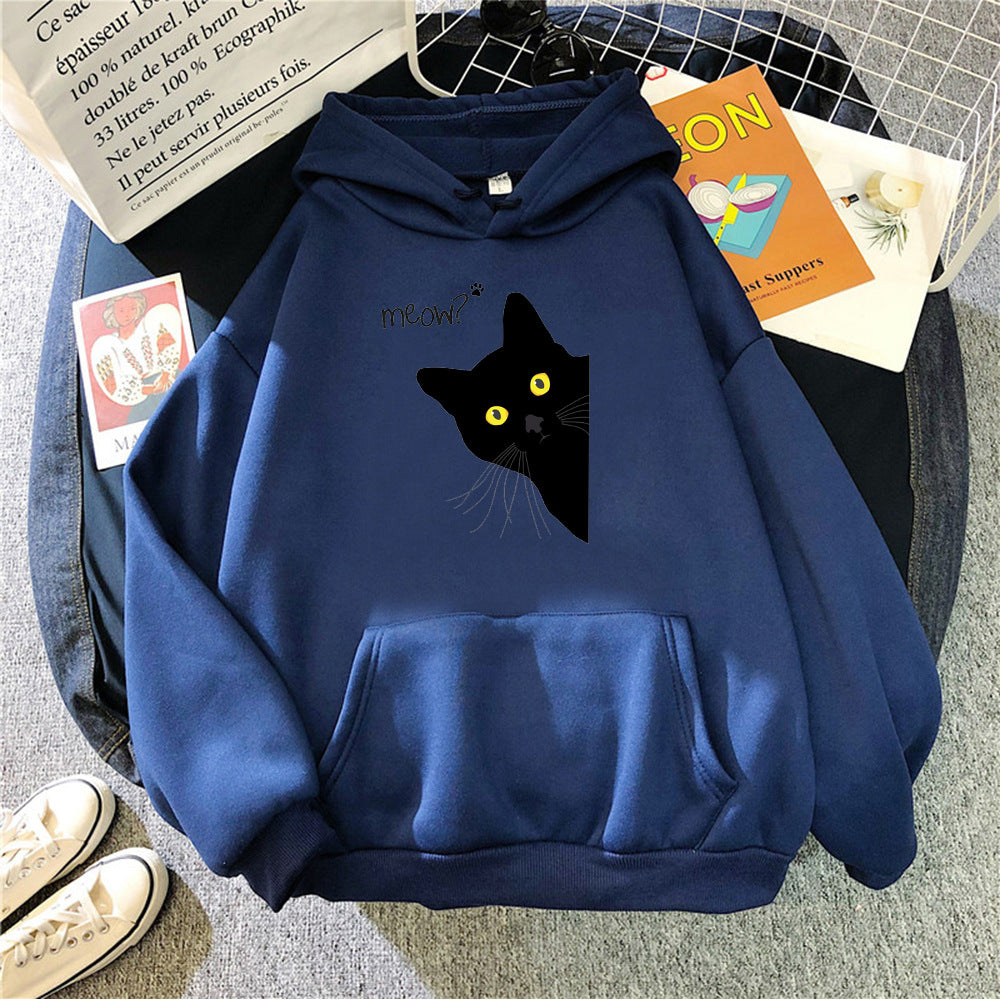 Plus Size Black Cat Fleece Hooded Sweatshirt