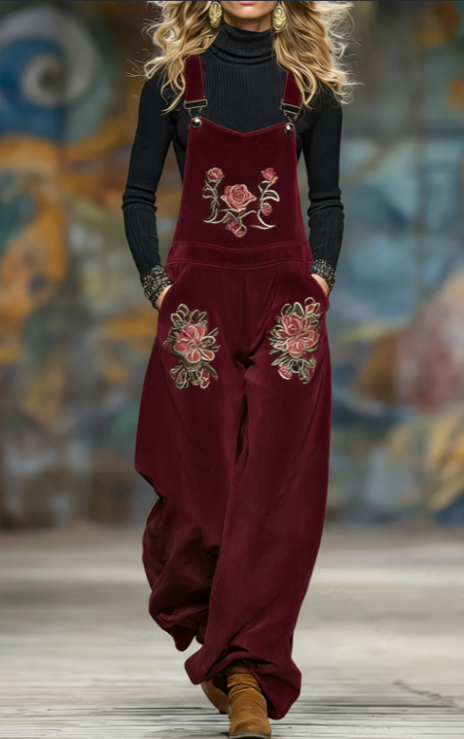 Corduroy Rose Embroidered Wide-Leg Overalls