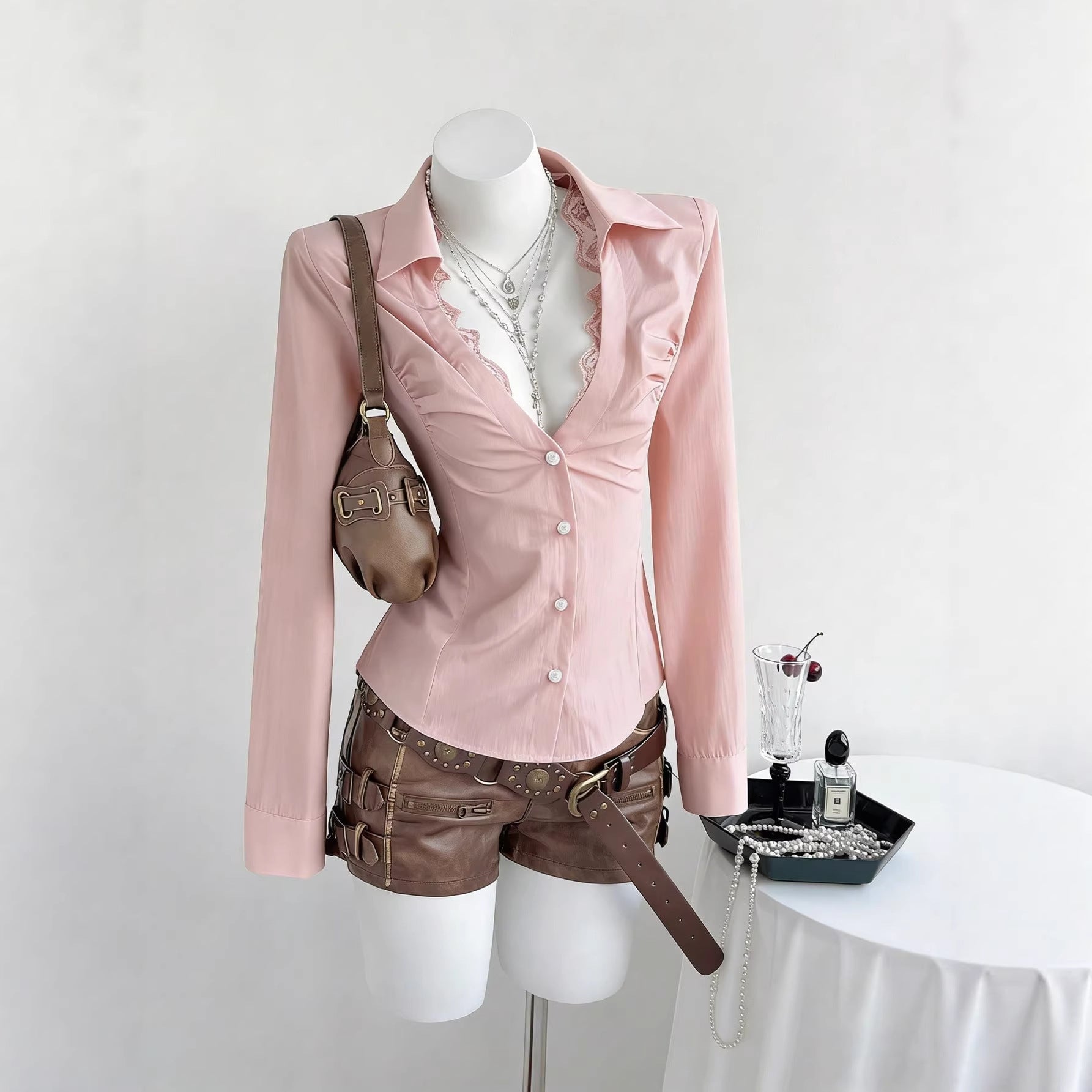 Elegant V-Neck Long Sleeve Top with Lace Trim – Light Pink/Black
