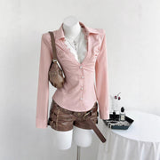 Elegant V-Neck Long Sleeve Top with Lace Trim – Light Pink/Black