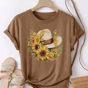 Loose-Fit Cotton T-Shirt with Sunflower Straw Hat Print – Summer Tee