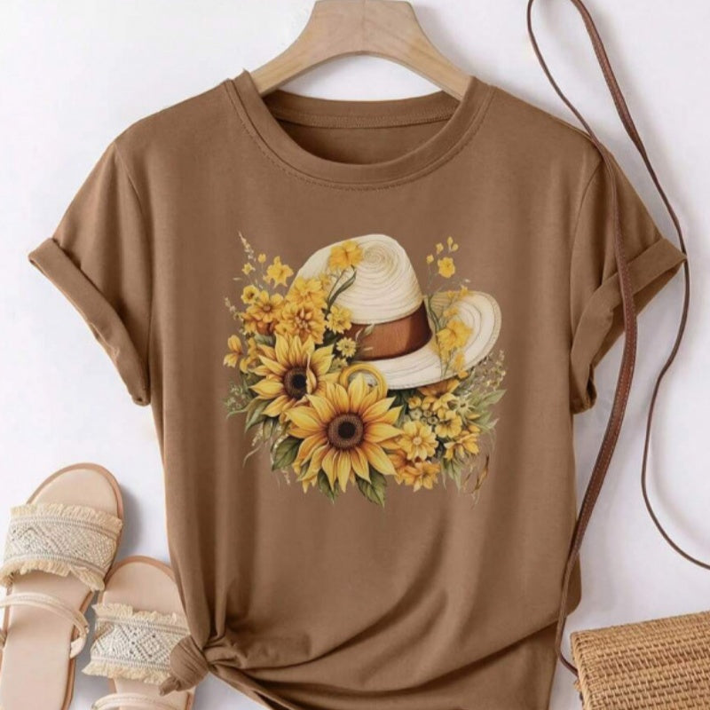 Loose-Fit Cotton T-Shirt with Sunflower Straw Hat Print – Summer Tee