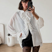 White Chiffon Long-Sleeve Shirt – Flared Sleeves, Elegant Mid-Length