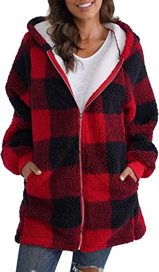 Plush Plaid Hooded Long Coat for Women