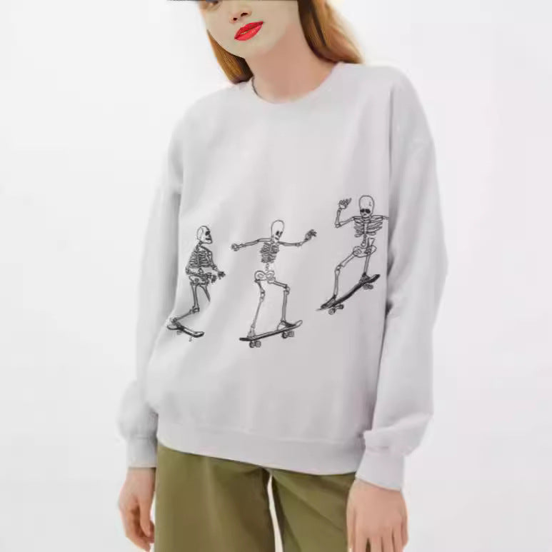Women's Skull Skateboard Graphic Loose Long Sleeve Sweatshirt