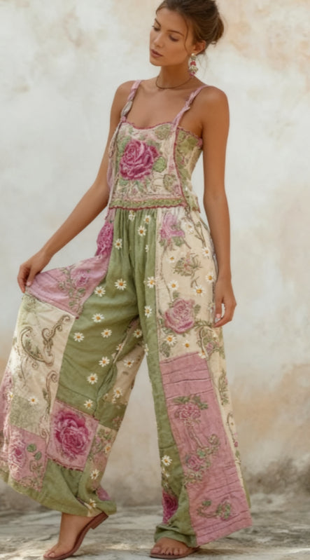 Bohemian Style Rose Embroidered Floral Patchwork Jumpsuit