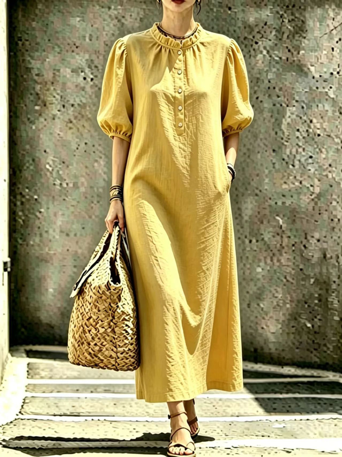 Womens Solid-color Stand-collar Puffed-sleeve Straight Dress