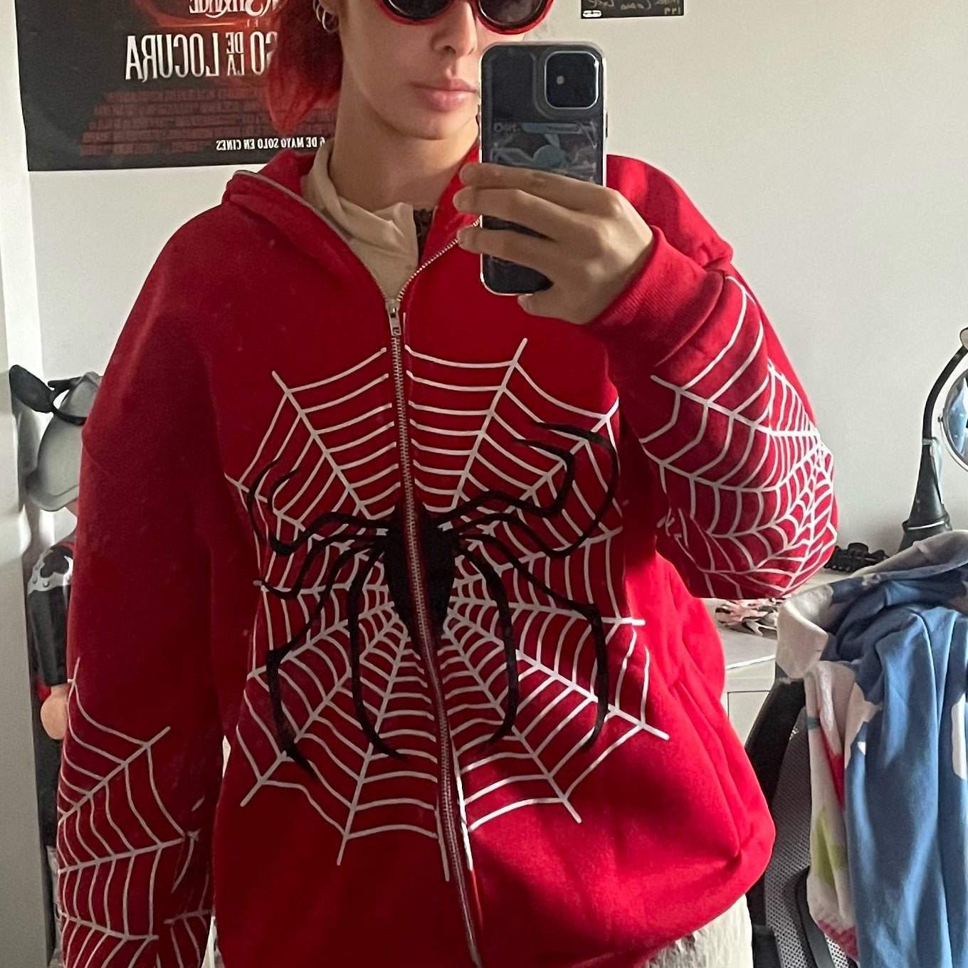 Spider Web Print Zip-Up Hoodie Streetwear Pullover