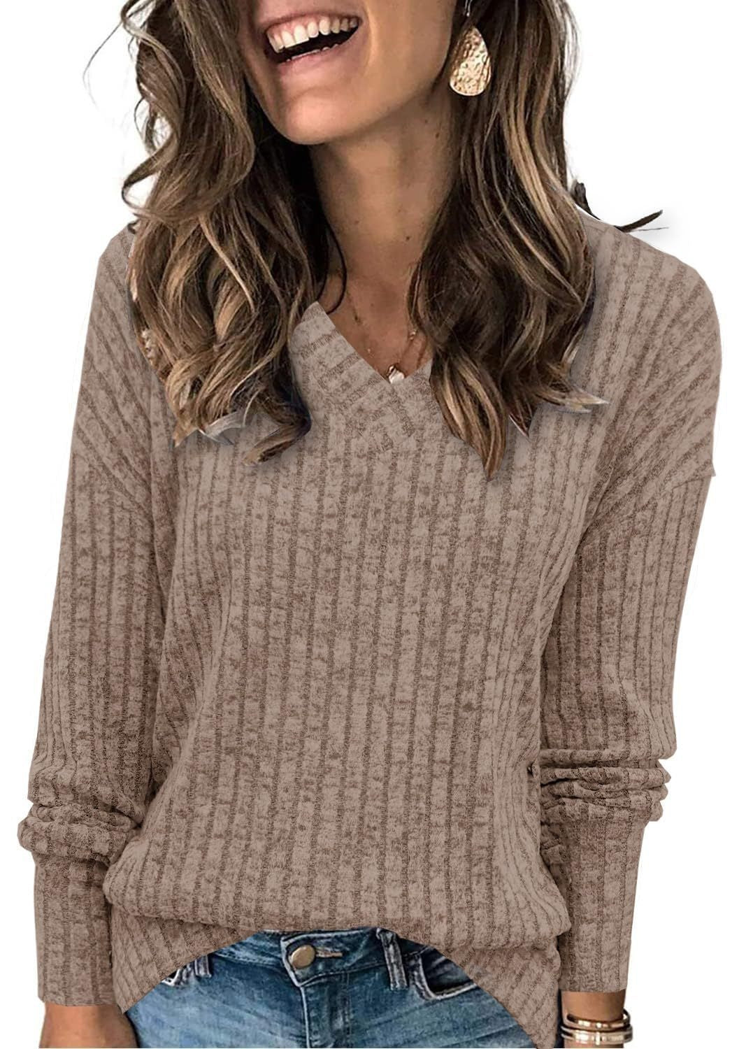V-Neck Long Sleeve Brushed Stripe Tee