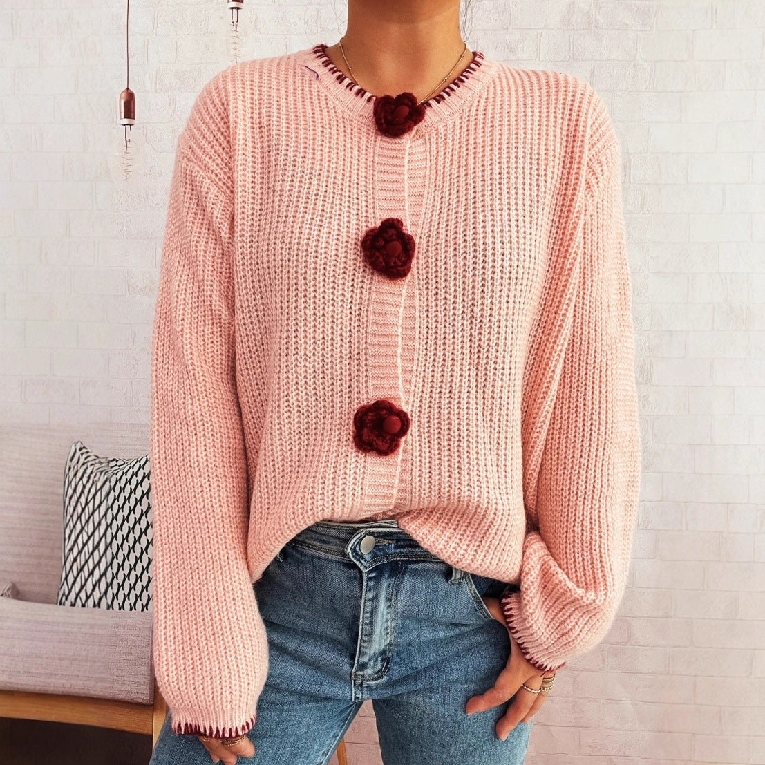 New Cute Flowers Button Simple Street Valentine's Day Sweater