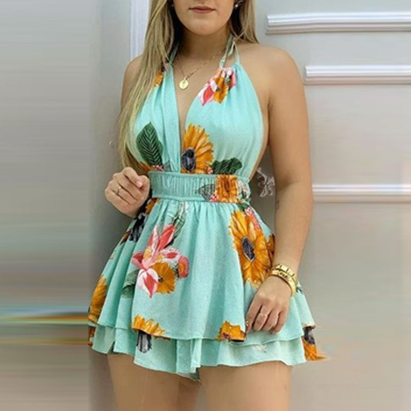 Women's Blue Printed Strap Wide-Leg Jumpsuit Dress