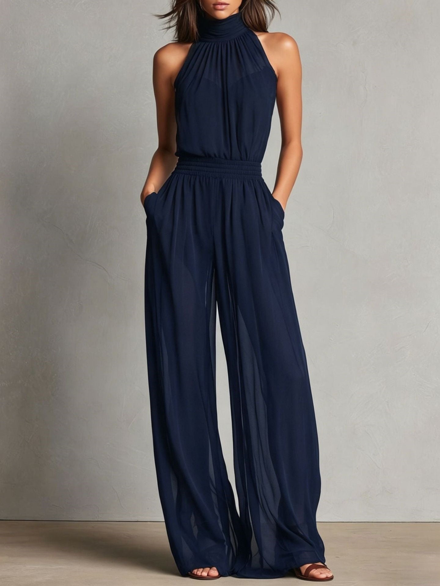 Womens Chiffon Spliced Sleeveless High-Neck Backless Wide-Leg Jumpsuit