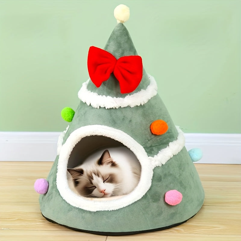 Christmas Tree Cat Bed - Winter Warm Pet Nest With Red Bow & Green Leaves, Soft Polyester Cozy Bed For Small Dogs & Cats, No Assembly Needed, Holiday Decorative Pet Bed For Indoor/Outdoor Use, Cat...