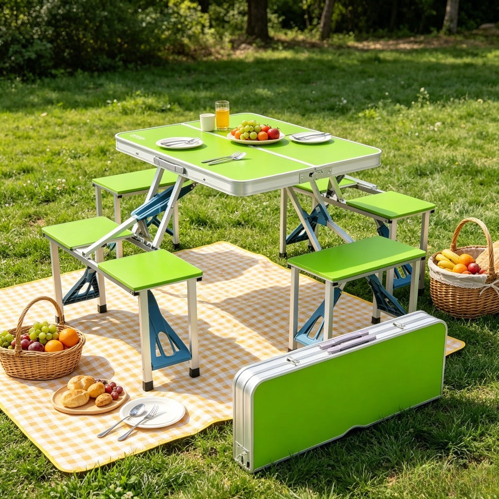 [Outdoor Camping Travel] 4FT Folding Picnic Table Set With 4 Seats, Aluminum Frame Portable Suitcase Camping Table With Umbrella Hole, 220 Lbs Capacity For Outdoor Travel BBQ RV Travel Patio Balcony Garden Porch Yard Table And Chairs Set