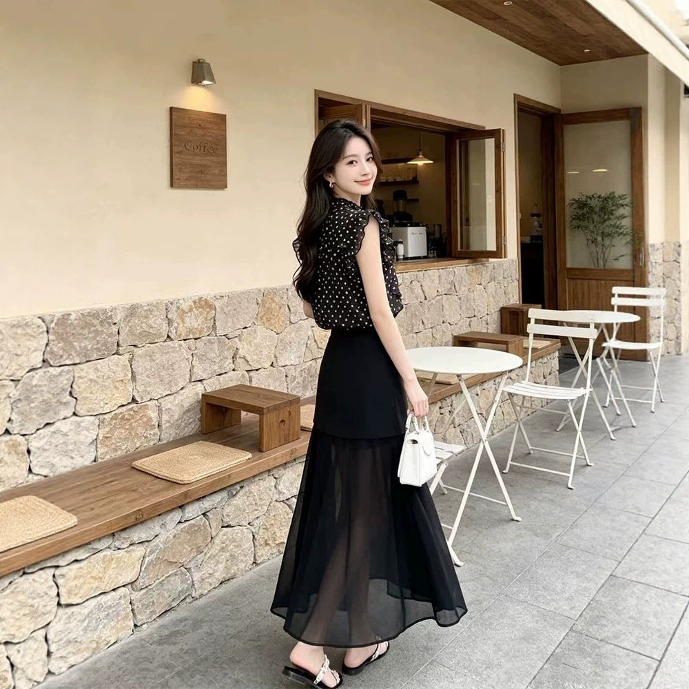 Polka-Dot Blouse & High-Waisted Skirt Set