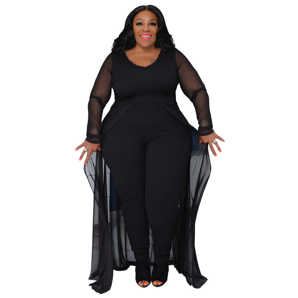 Women's Plus Size Stretch Long Sleeve Pocket Jumpsuit
