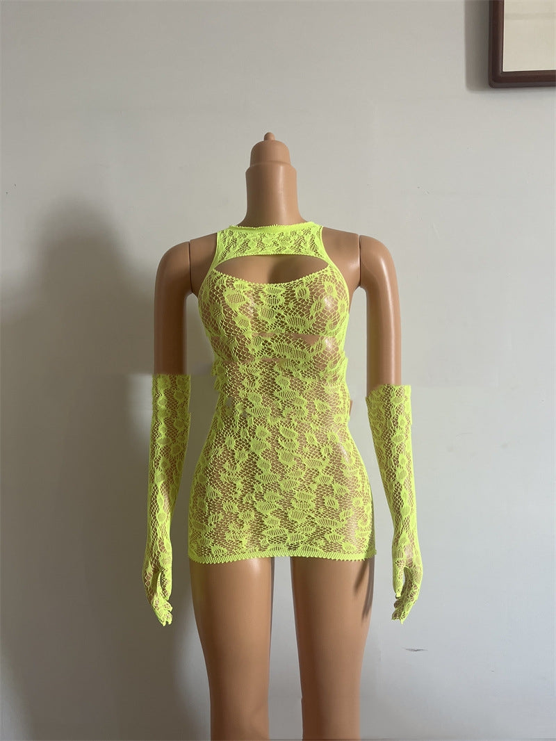 Vibrant Fishnet Dress & Gloves Set, One Size Fits Most