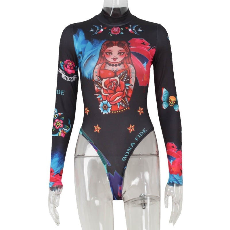 Women's Halloween Creative Printing Long Sleeve Round Neck Tight Jumpsuit