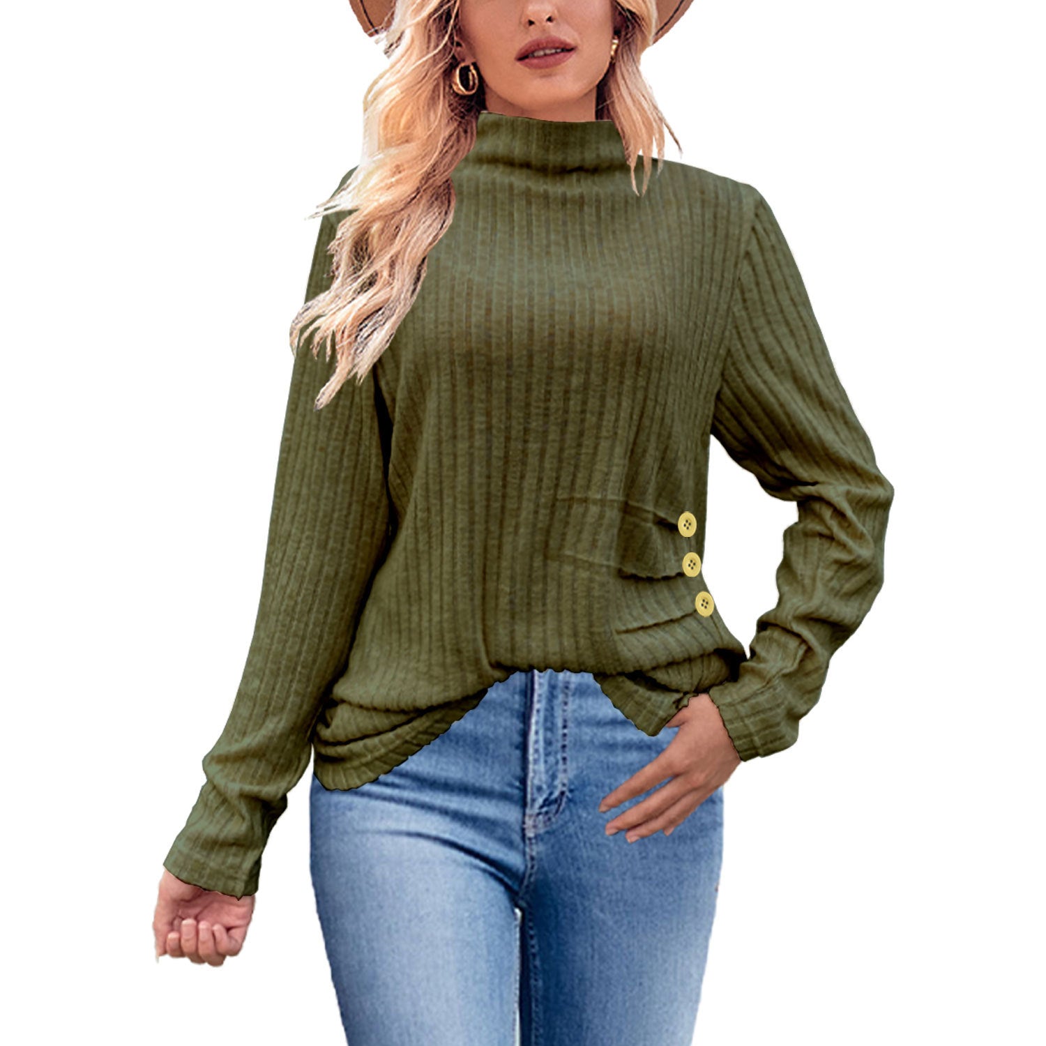 Chic Ribbed Turtleneck Sweater with Side Buttons