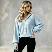 Hooded Knitted Cardigan Loose-sleeved Corduroy Coat with Buttons for Women