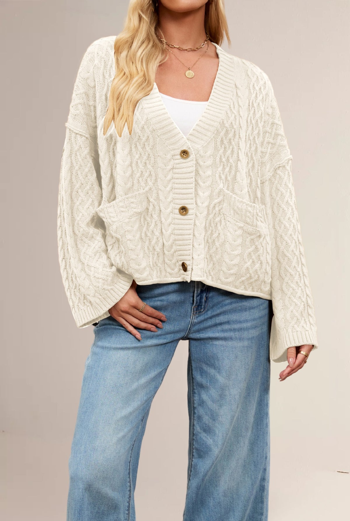 Women's Cable Loose-fitting Solid Color Knitted Cardigan