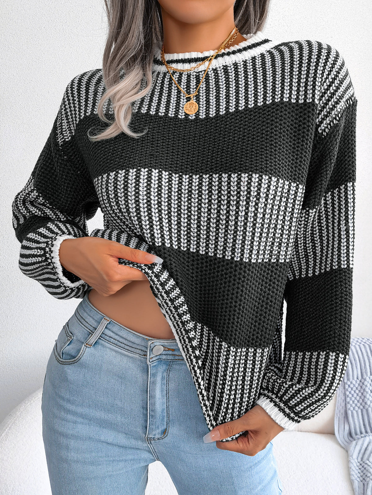 Women Casual Color Block Stripe Long Sleeve Knit Sweater