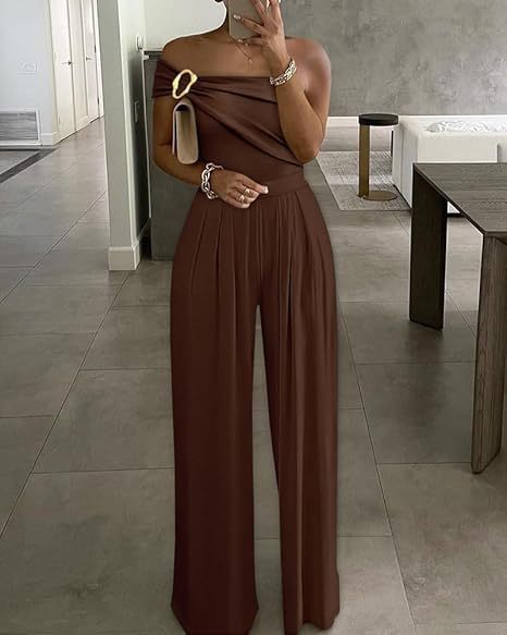 Metallic One-Shoulder Pleated Wide-Leg Jumpsuit
