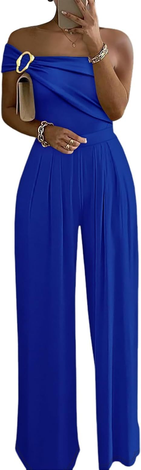 Metallic One-Shoulder Pleated Wide-Leg Jumpsuit