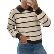 Womens Knitted Top Long-sleeve Striped Sweater