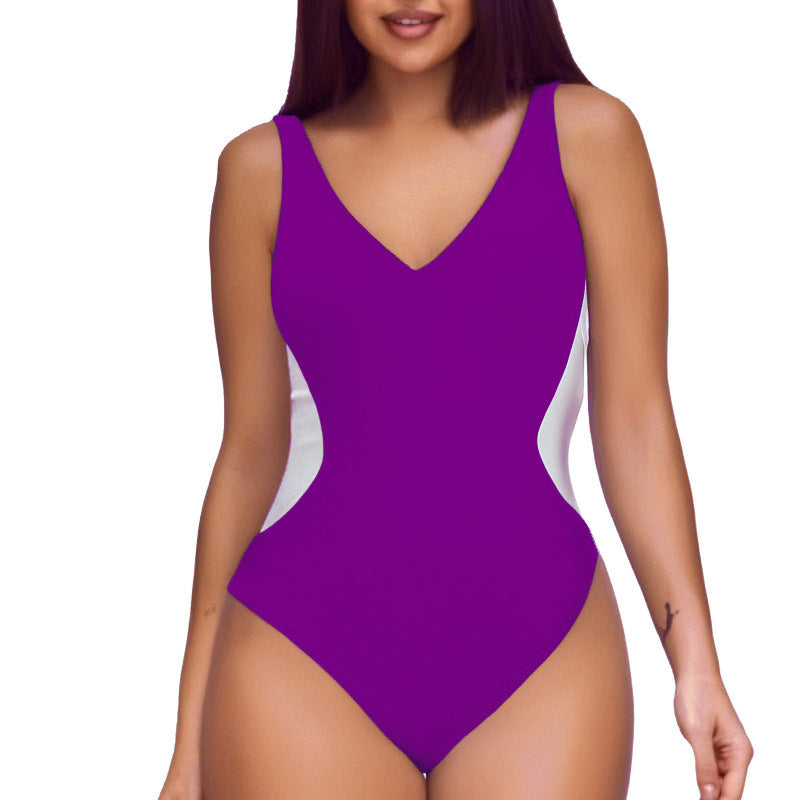 Women's One-piece Deep V Contrast Color Swimsuit