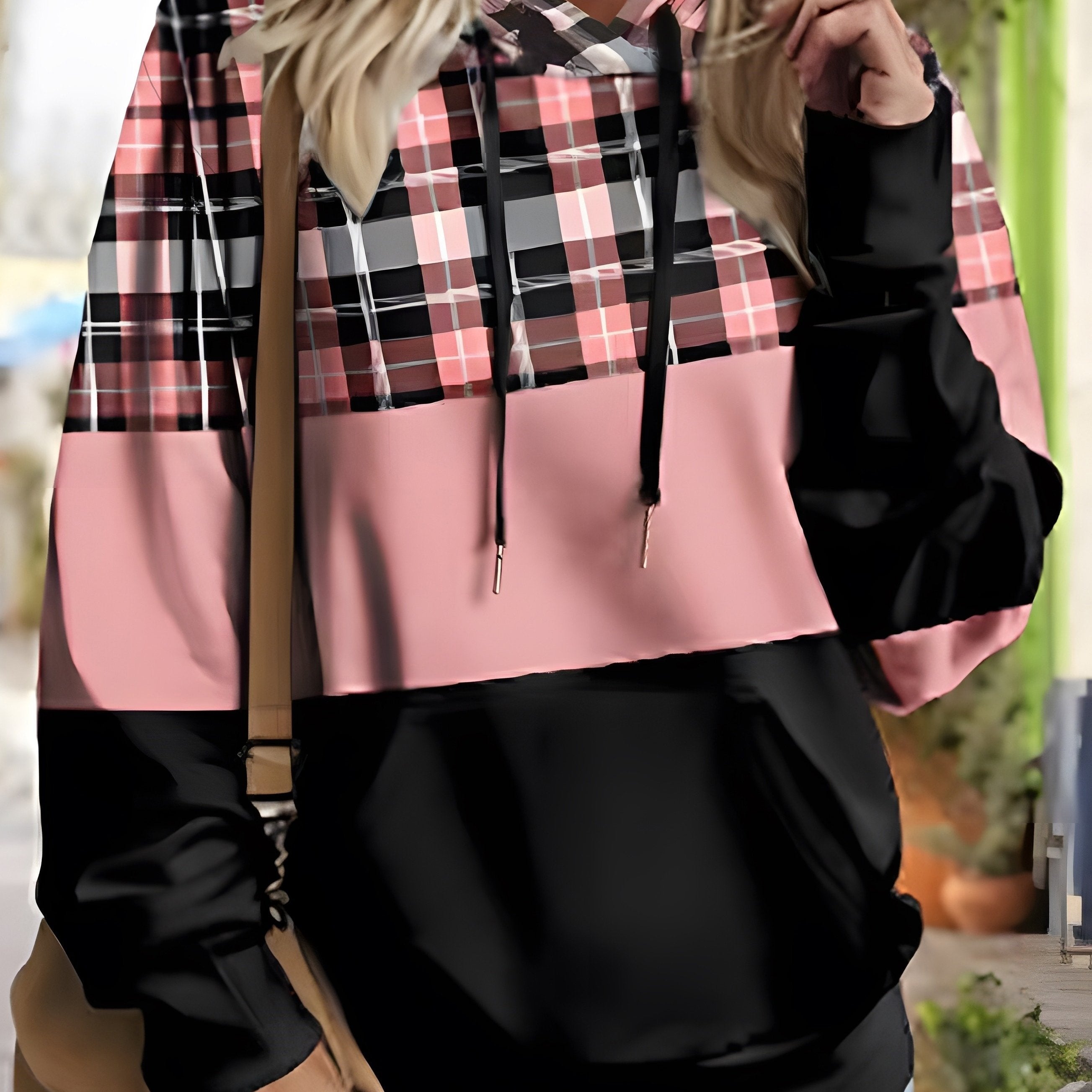 Plus Size Women's Casual Loose Plaid Contrast Print Hooded Sweatshirt with Drawstring