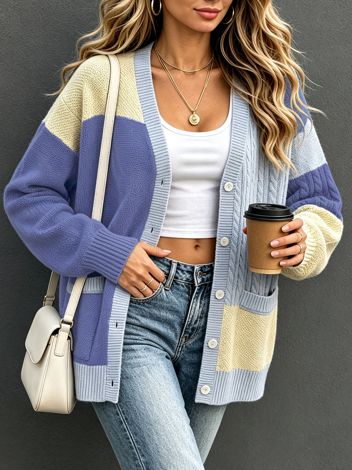Preppy Style Color Block Knit Cardigan, Ladies Long Sleeve Cable Knit Button Front Sweater Outwear
