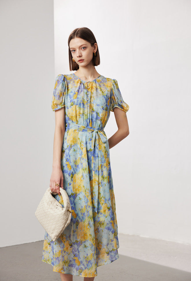 Floral Ladylike Waist-cinching Long Dress