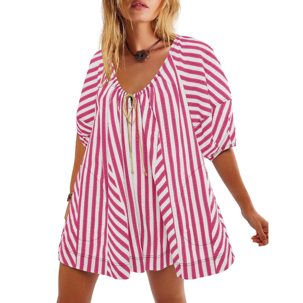 Striped V-Neck Short Sleeve Loose Casual Jumpsuit